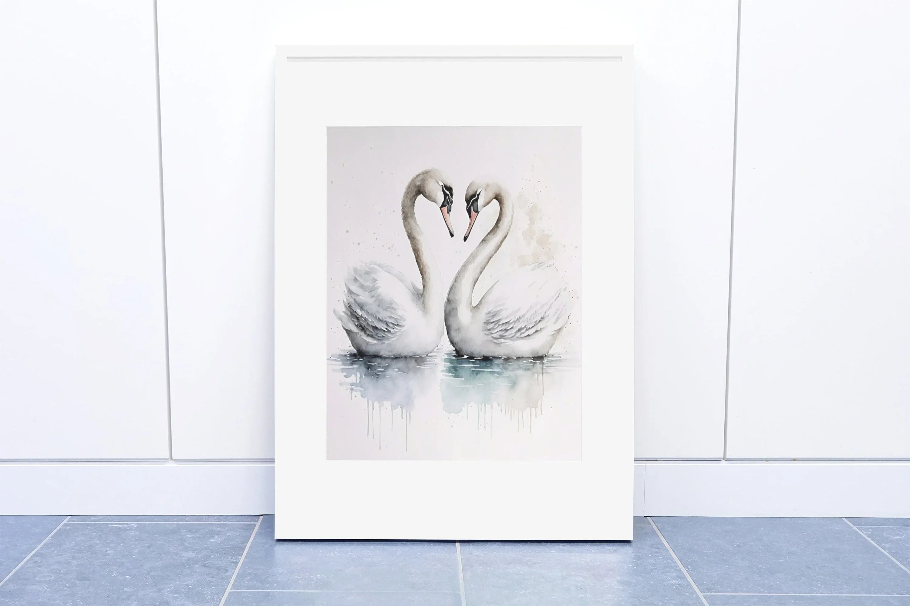 Pair of swans watercolor wall art – romantic elegant bird painting set of 2