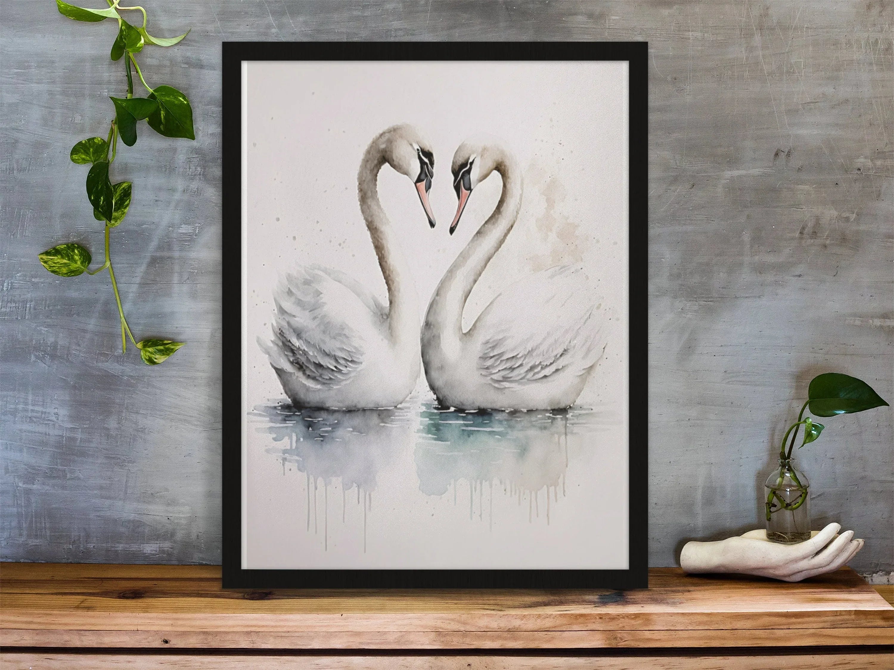 Pair of swans watercolor wall art – romantic elegant bird painting set of 2
