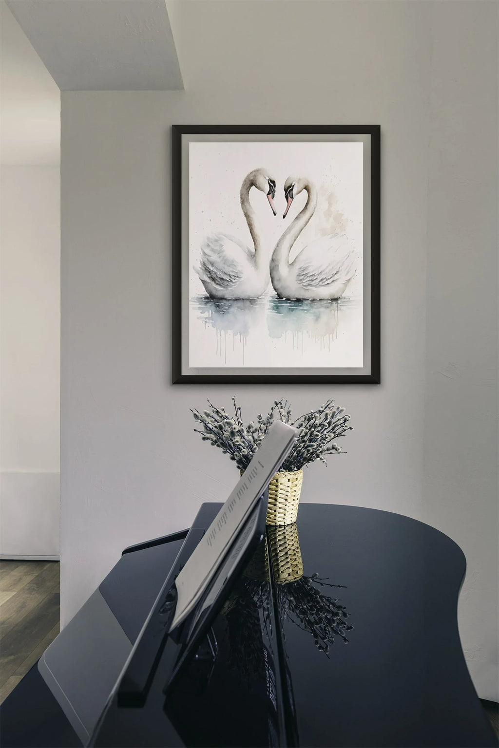 Pair of swans watercolor wall art – romantic elegant bird painting set of 2