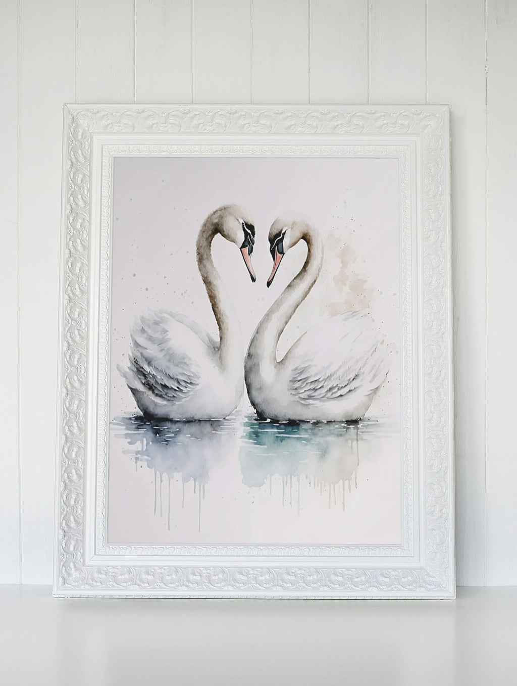 Pair of swans watercolor wall art – romantic elegant bird painting set of 2