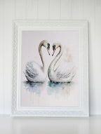 Pair of swans watercolor wall art – romantic elegant bird painting set of 2