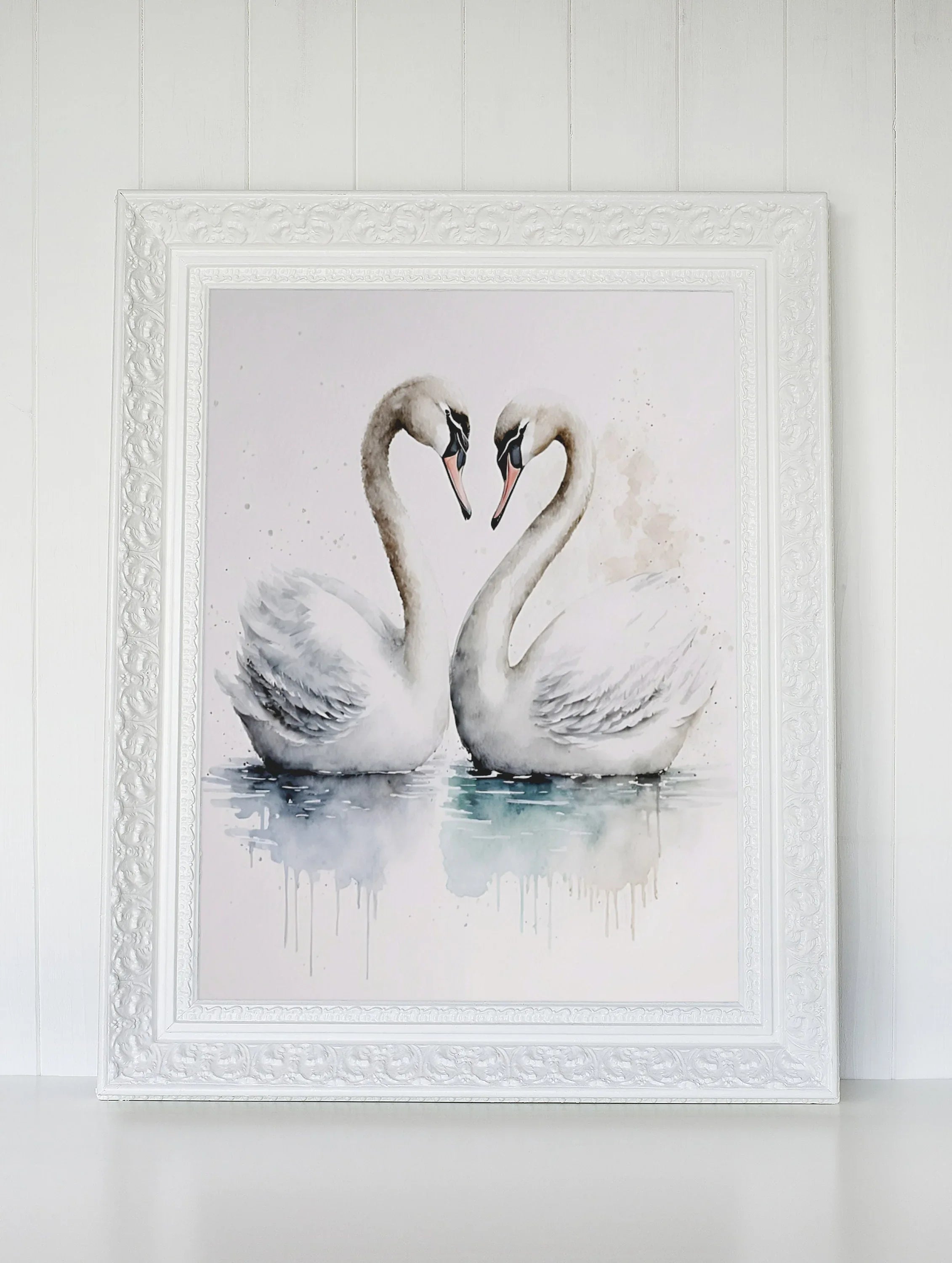 Pair of swans watercolor wall art – romantic elegant bird painting set of 2
