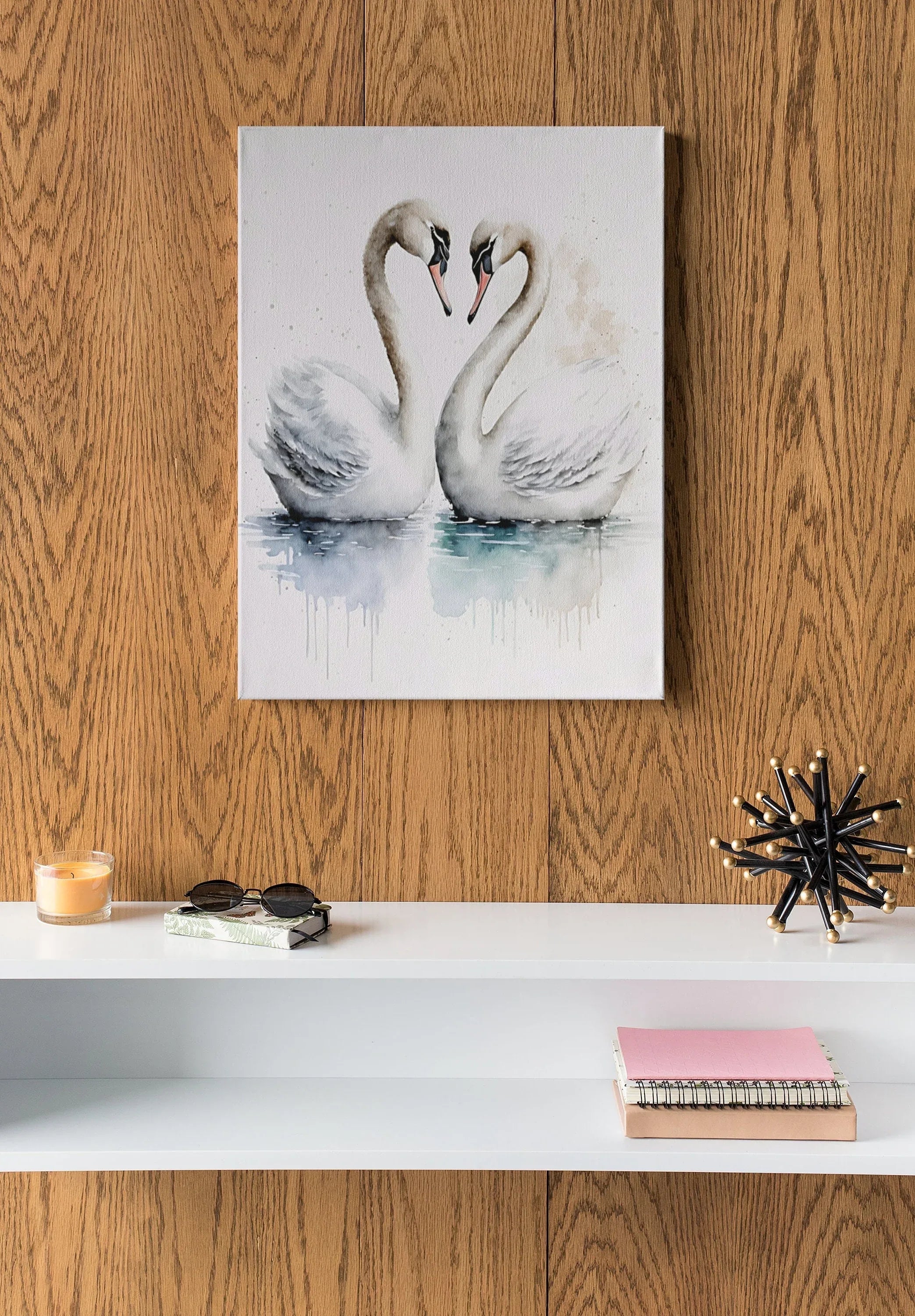 Pair of swans watercolor wall art – romantic elegant bird painting set of 2