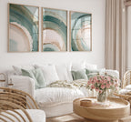 Swirl abstract teal green wall art set of 3 – modern brushstroke triptych for contemporary interiors, Black frame