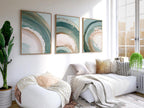 Swirl abstract teal green wall art set of 3 – modern brushstroke triptych for contemporary interiors, Dark Wood frame