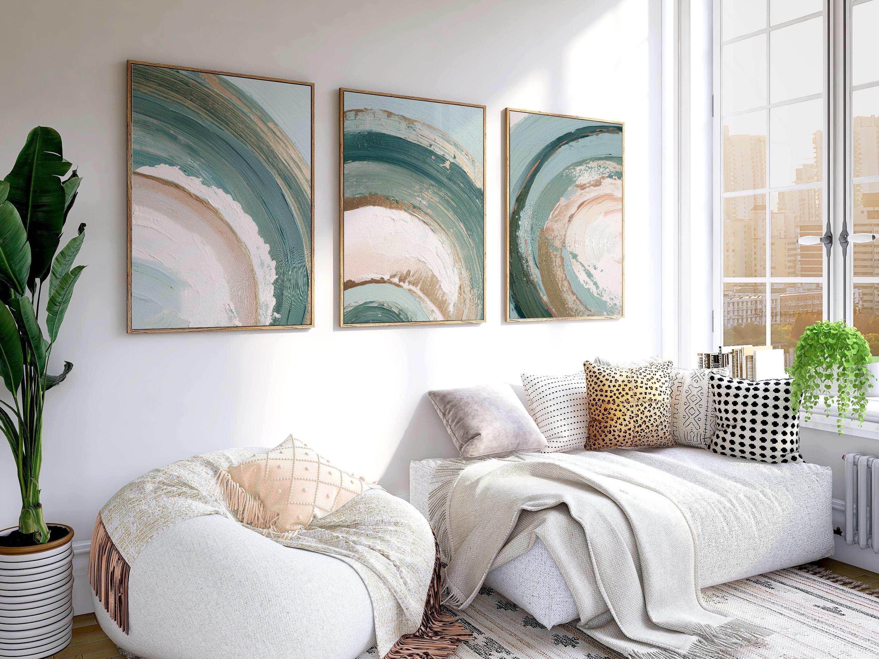 Swirl abstract teal green wall art set of 3 – modern brushstroke triptych for contemporary interiors, Dark Wood frame