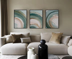 Swirl abstract teal green wall art set of 3 – modern brushstroke triptych for contemporary interiors, unframed