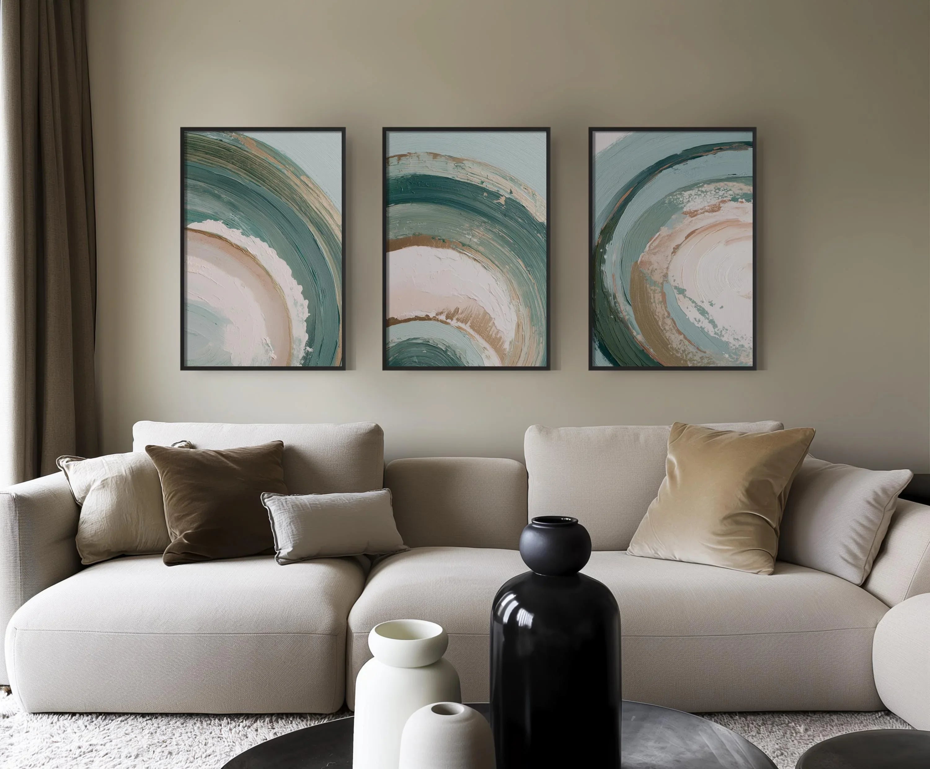 Swirl abstract teal green wall art set of 3 – modern brushstroke triptych for contemporary interiors, unframed