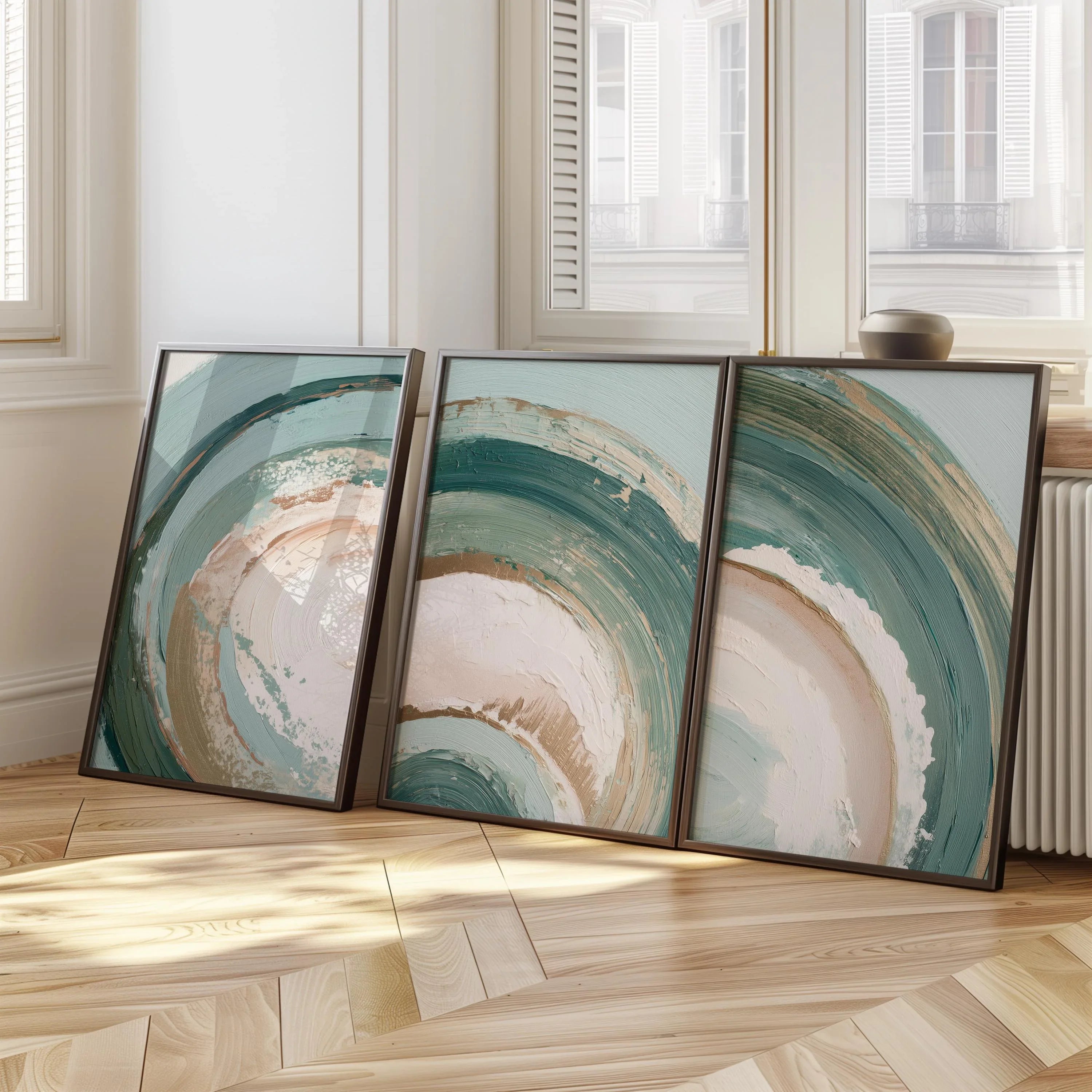 Swirl abstract teal green wall art set of 3 – modern brushstroke triptych for contemporary interiors, Black frame