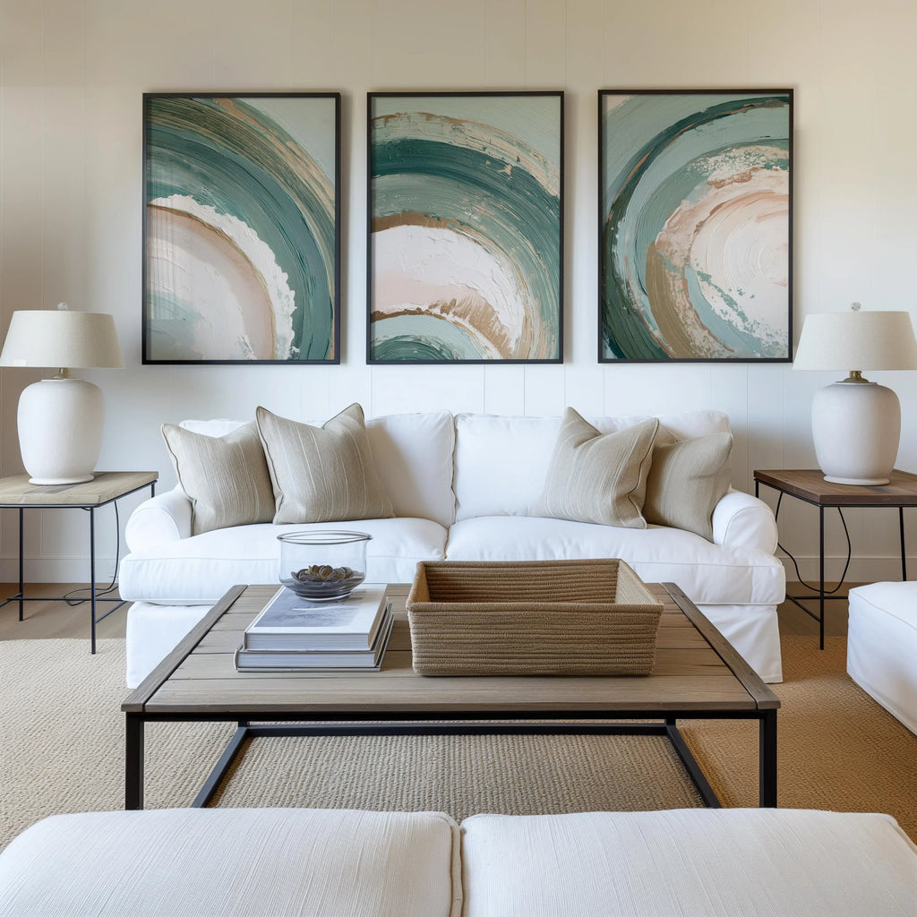 Swirl abstract teal green wall art set of 3 – modern brushstroke triptych for contemporary interiors, Dark Wood frame