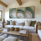 Swirl abstract teal green wall art set of 3 – modern brushstroke triptych for contemporary interiors, Natural Wood frame