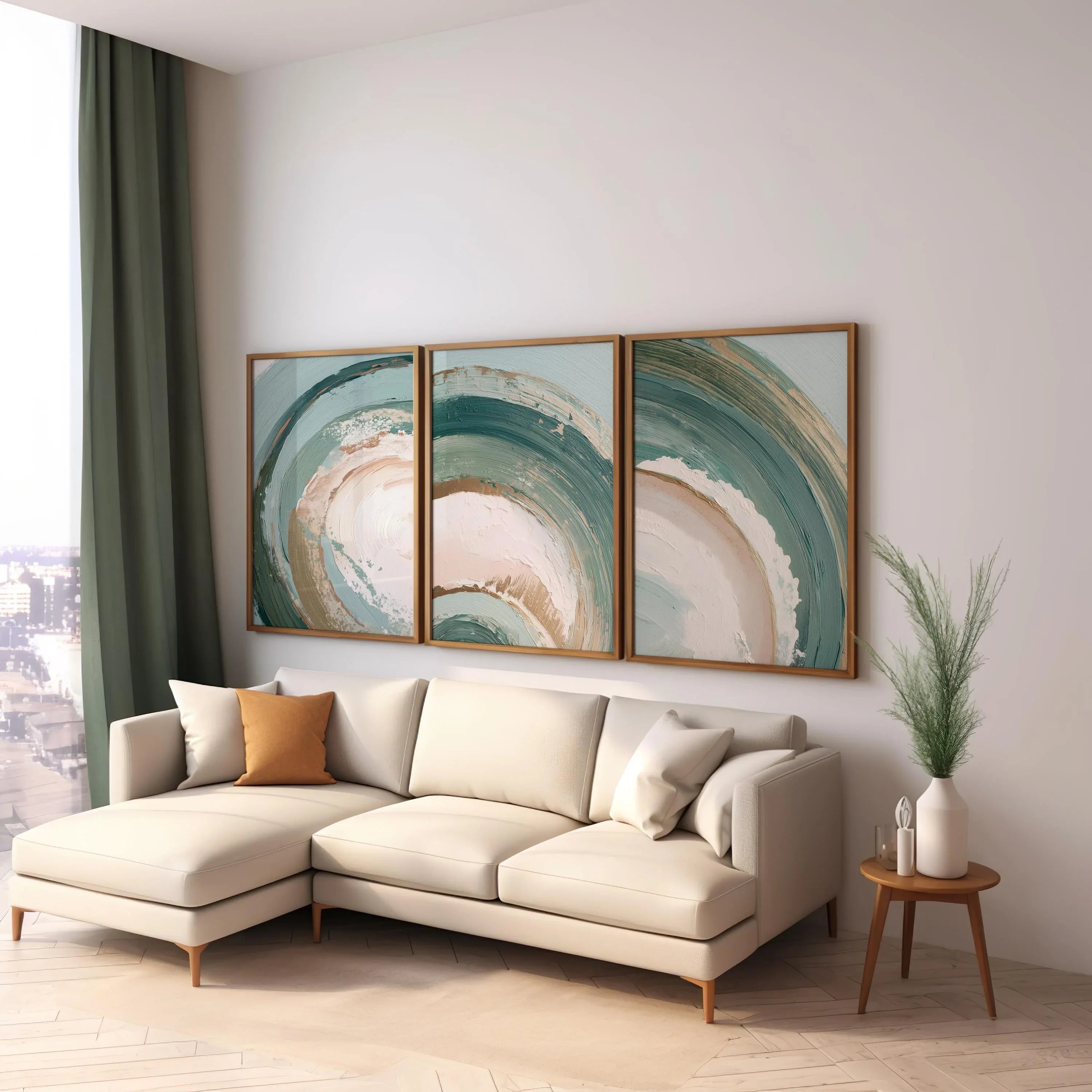 Swirl abstract teal green wall art set of 3 – modern brushstroke triptych for contemporary interiors, unframed