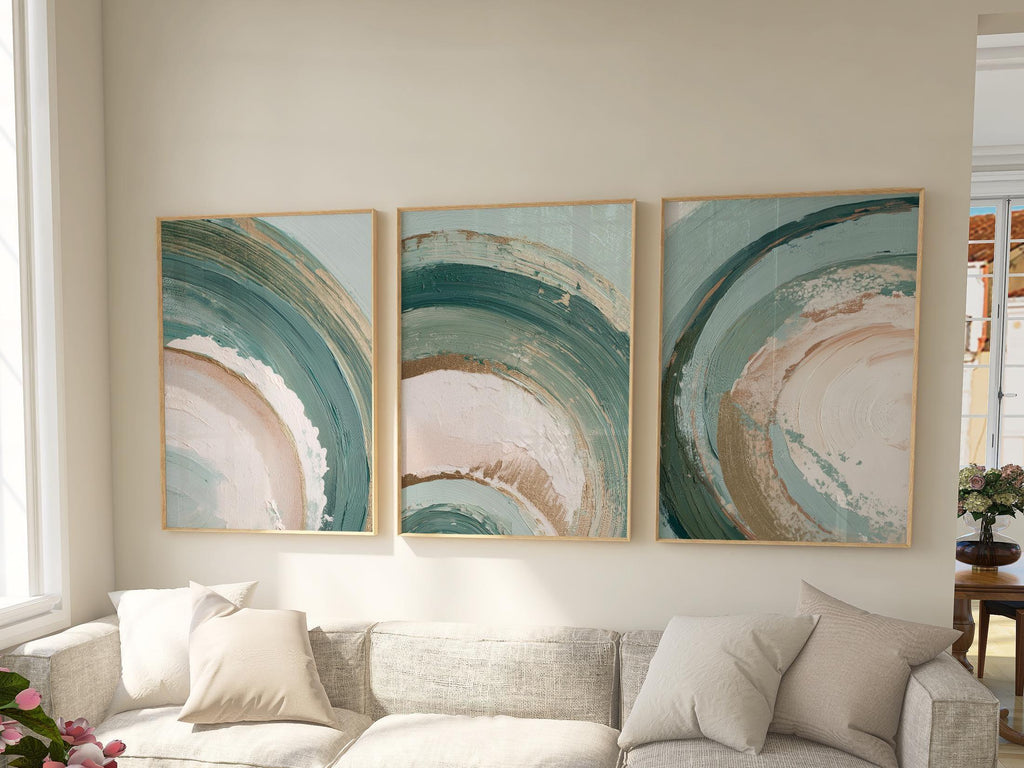 Swirl abstract teal green wall art set of 3 – modern brushstroke triptych for contemporary interiors, Natural Wood frame