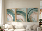 Swirl abstract teal green wall art set of 3 – modern brushstroke triptych for contemporary interiors, Natural Wood frame