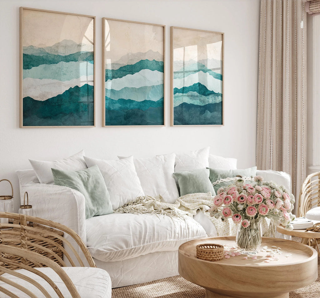 Teal and beige abstract waves triptych wall art – calming coastal-inspired set of 3, Black frame