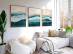 Teal and beige abstract waves triptych wall art – calming coastal-inspired set of 3, Dark Wood frame