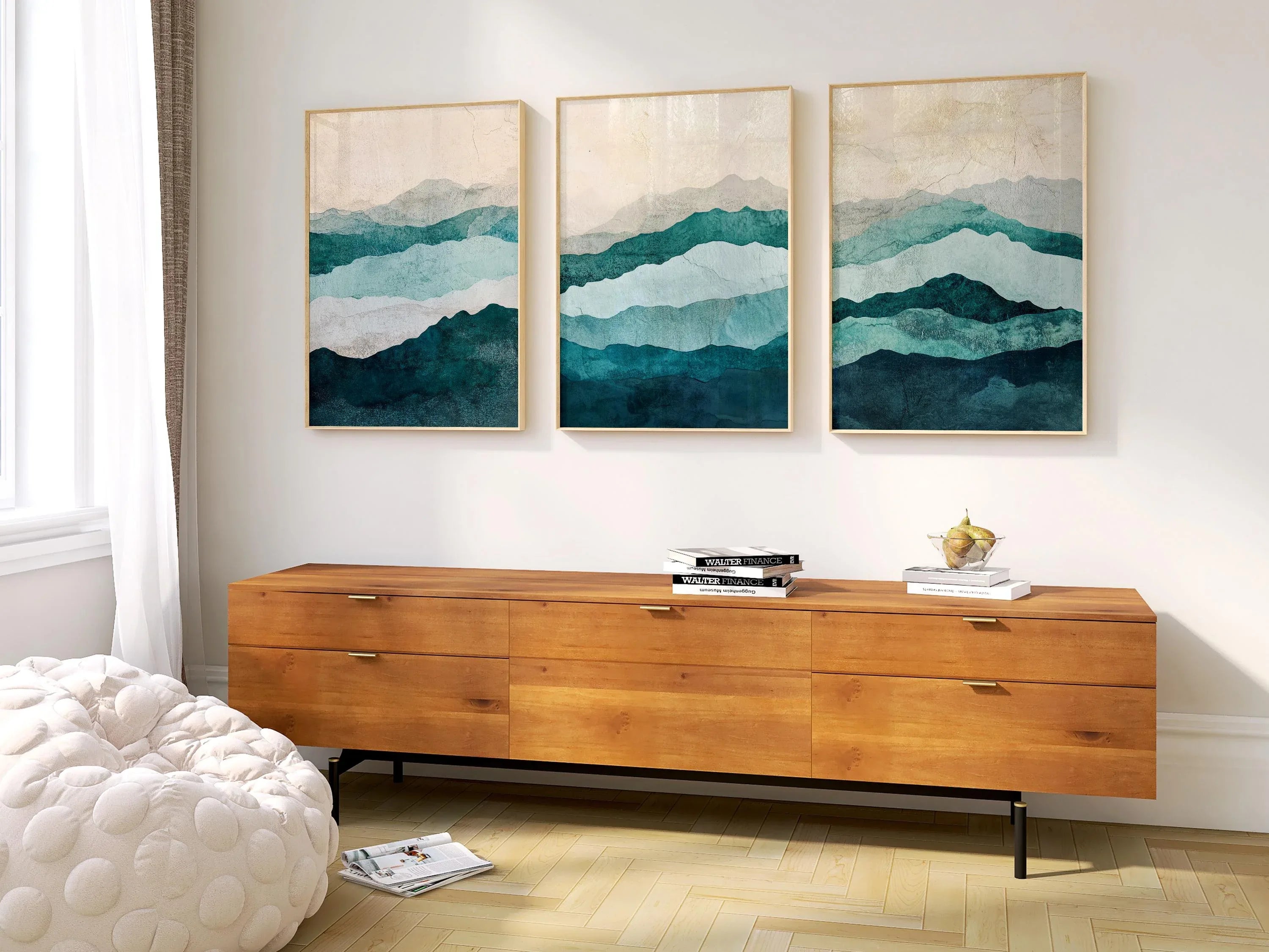 Teal and beige abstract waves triptych wall art – calming coastal-inspired set of 3, unframed