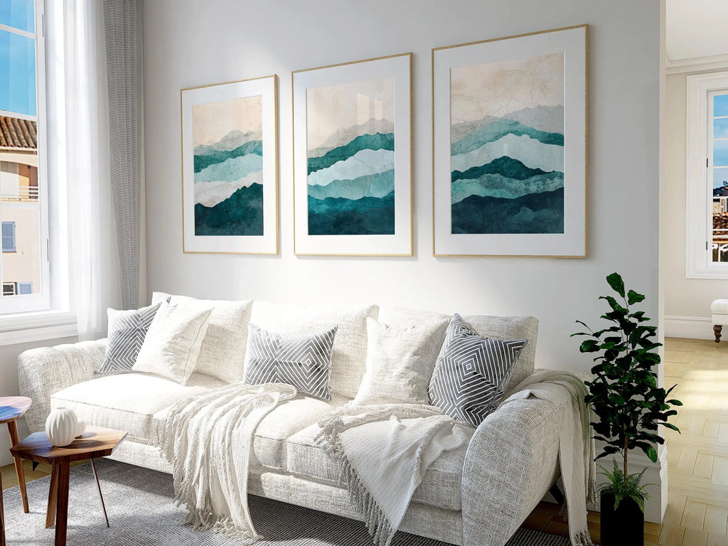 Teal and beige abstract waves triptych wall art – calming coastal-inspired set of 3, White frame