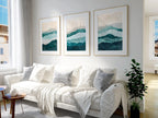 Teal and beige abstract waves triptych wall art – calming coastal-inspired set of 3, White frame