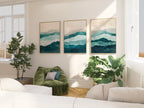 Teal and beige abstract waves triptych wall art – calming coastal-inspired set of 3, Black frame