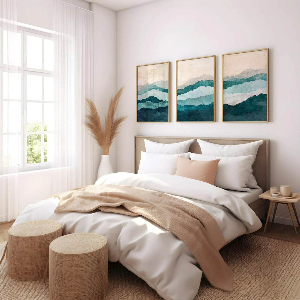 Teal and beige abstract waves triptych wall art – calming coastal-inspired set of 3, Dark Wood frame