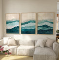 Teal and beige abstract waves triptych wall art – calming coastal-inspired set of 3, Natural Wood frame
