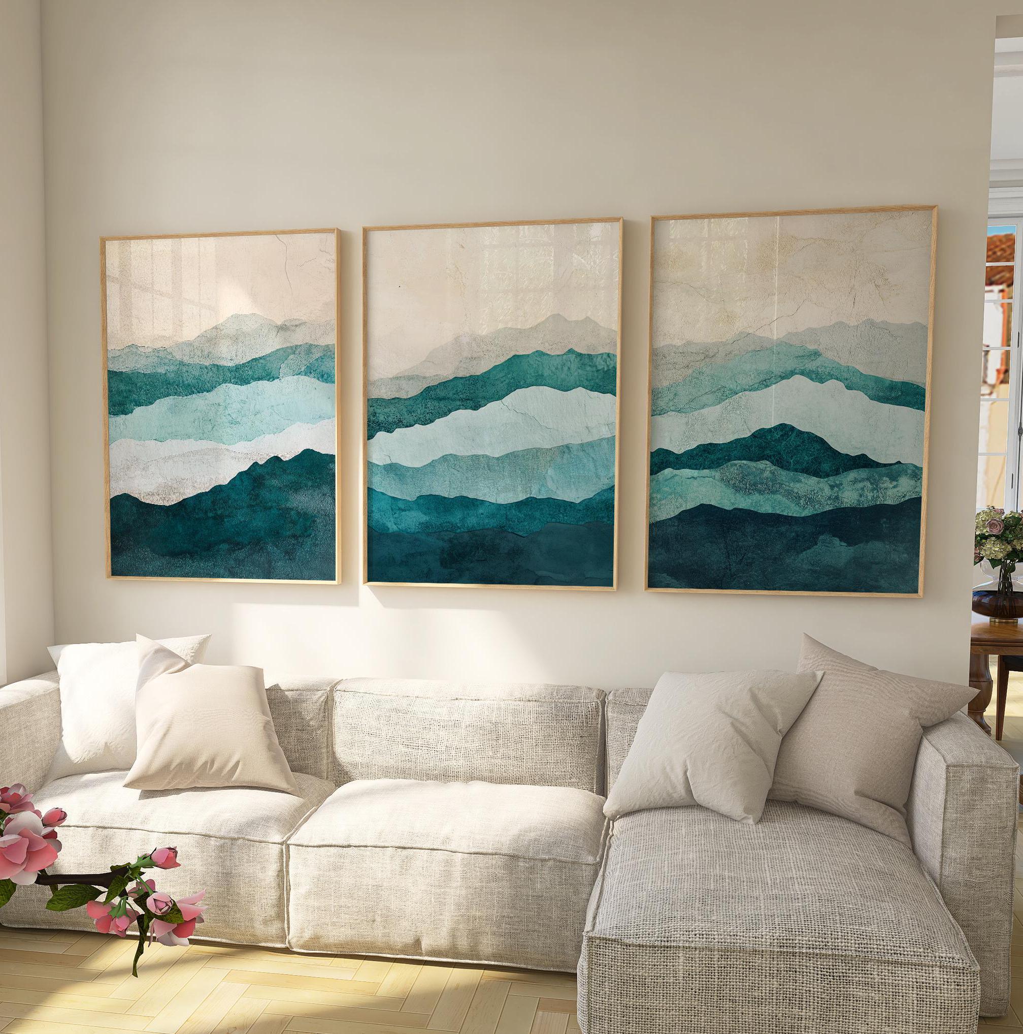 Teal and beige abstract waves triptych wall art – calming coastal-inspired set of 3, Natural Wood frame