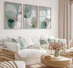 Teal sage abstract geometric wall art set of 3 – minimalist rounded shapes in soft green tones, Black frame