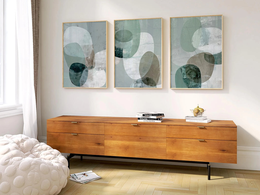 Teal sage abstract geometric wall art set of 3 – minimalist rounded shapes in soft green tones, Dark Wood frame