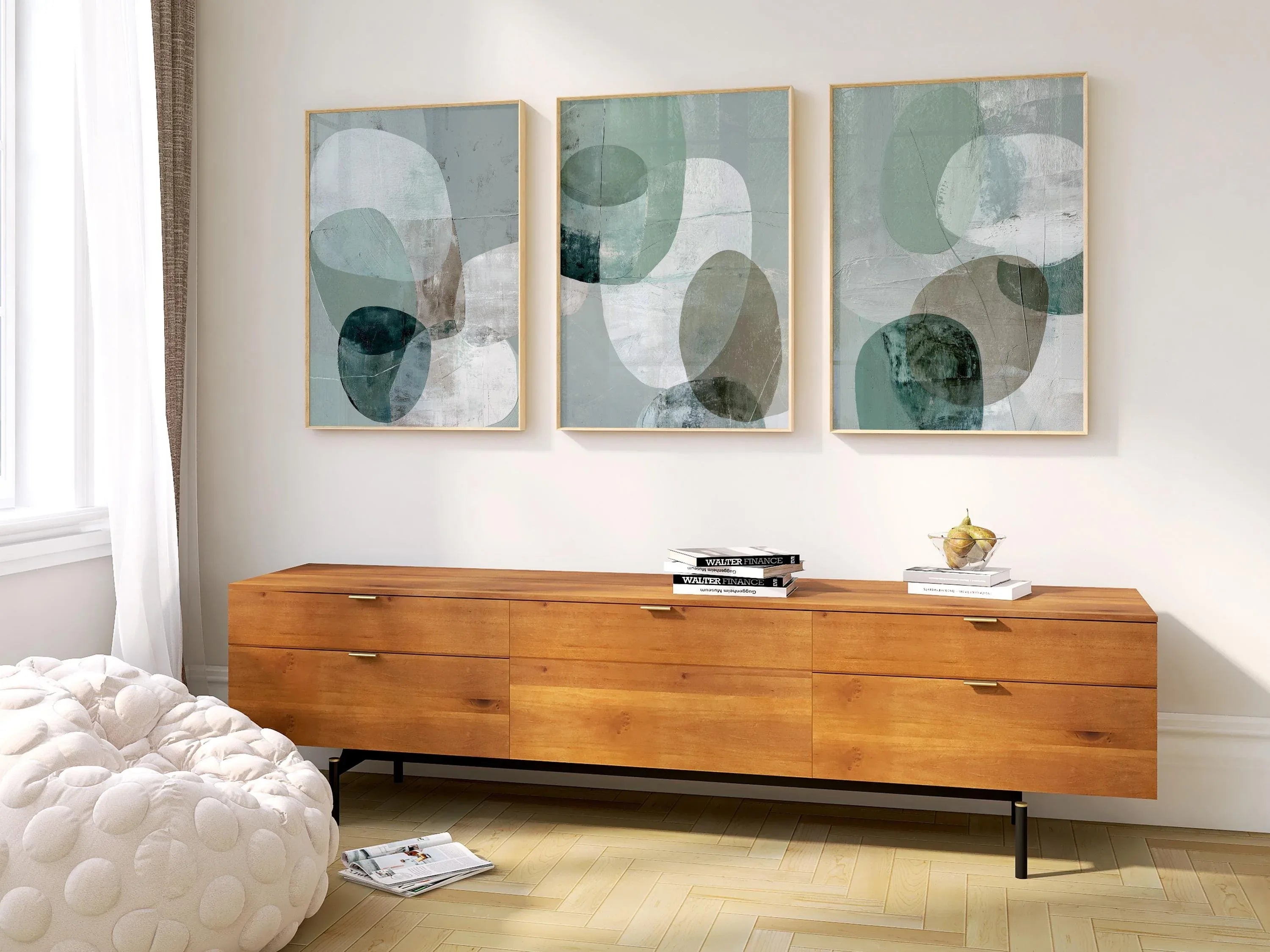 Teal sage abstract geometric wall art set of 3 – minimalist rounded shapes in soft green tones, Dark Wood frame