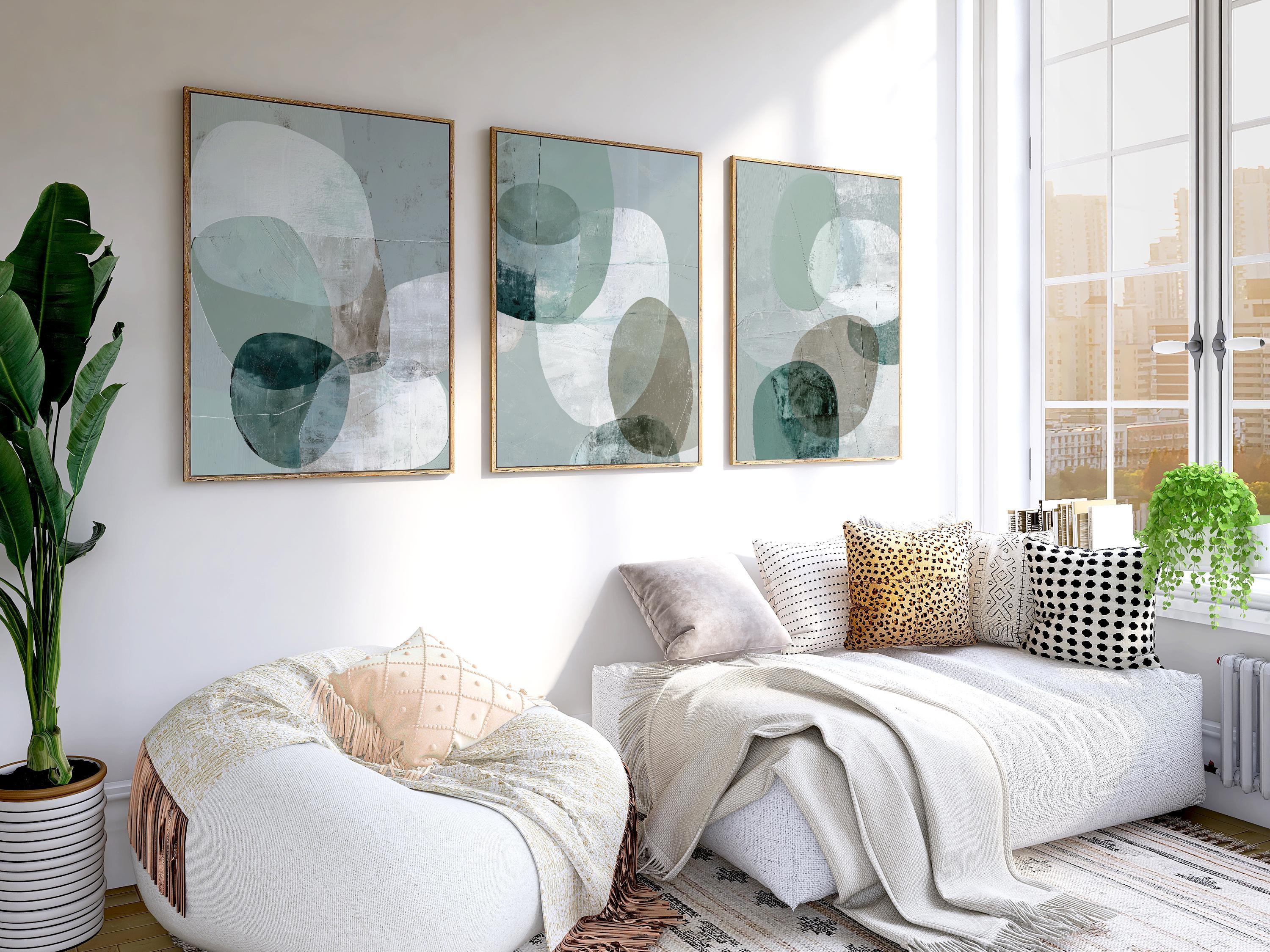 Teal sage abstract geometric wall art set of 3 – minimalist rounded shapes in soft green tones, unframed