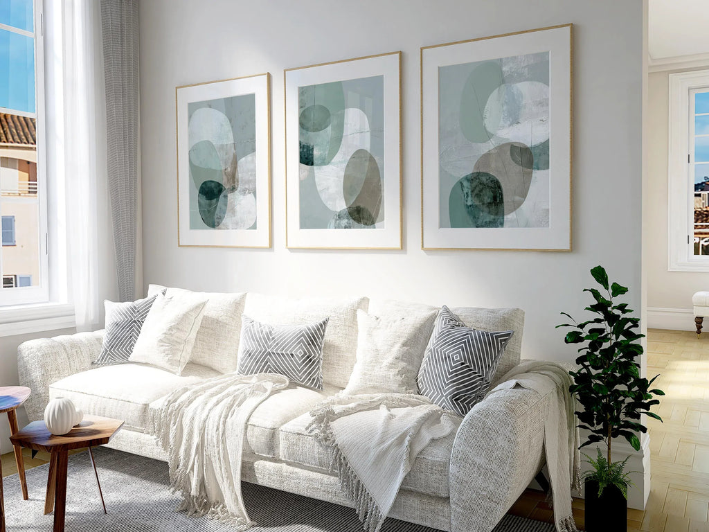 Teal sage abstract geometric wall art set of 3 – minimalist rounded shapes in soft green tones, White frame