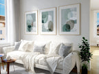 Teal sage abstract geometric wall art set of 3 – minimalist rounded shapes in soft green tones, White frame