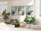 Teal sage abstract geometric wall art set of 3 – minimalist rounded shapes in soft green tones, Black frame