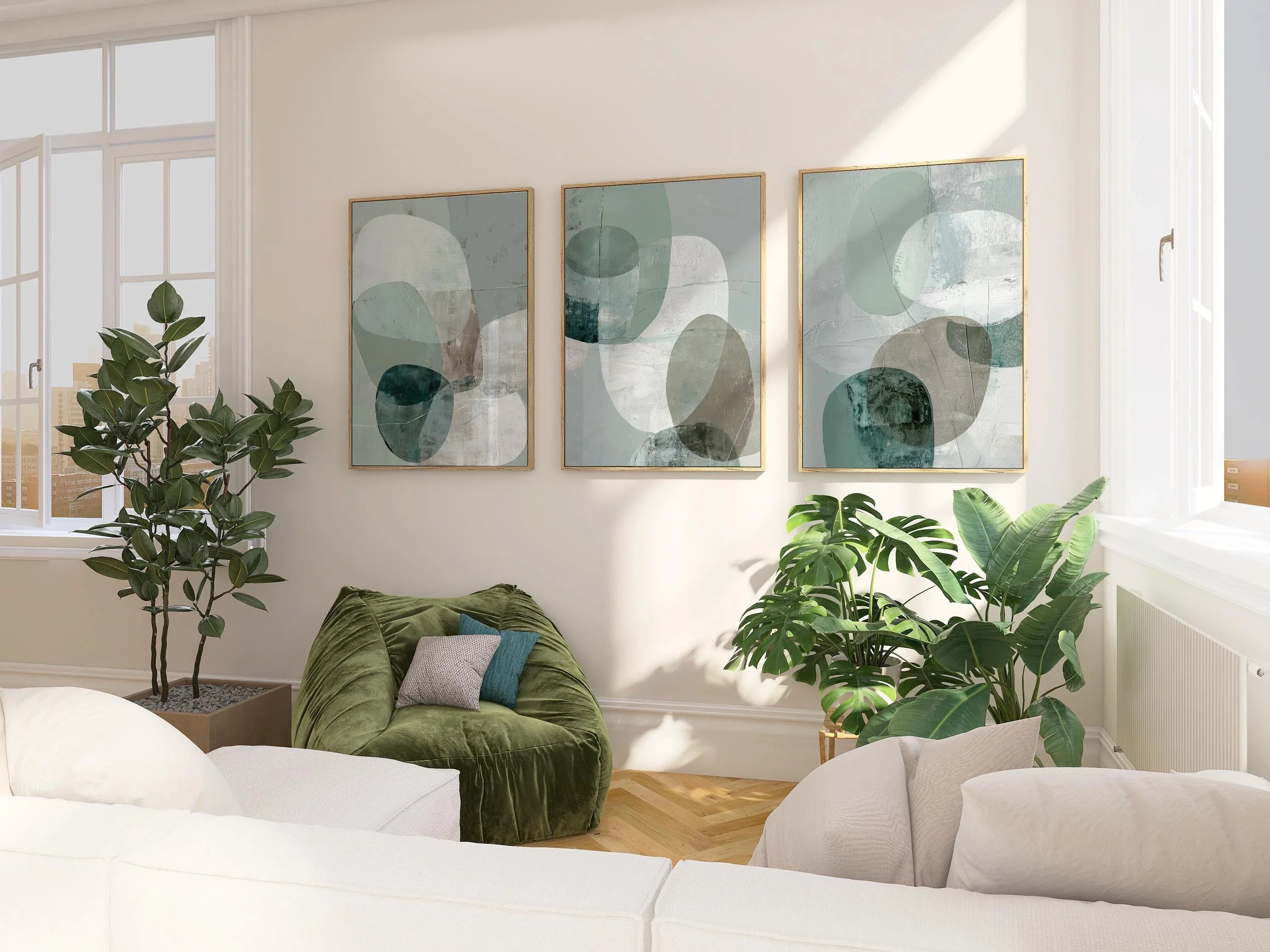 Teal sage abstract geometric wall art set of 3 – minimalist rounded shapes in soft green tones, Black frame