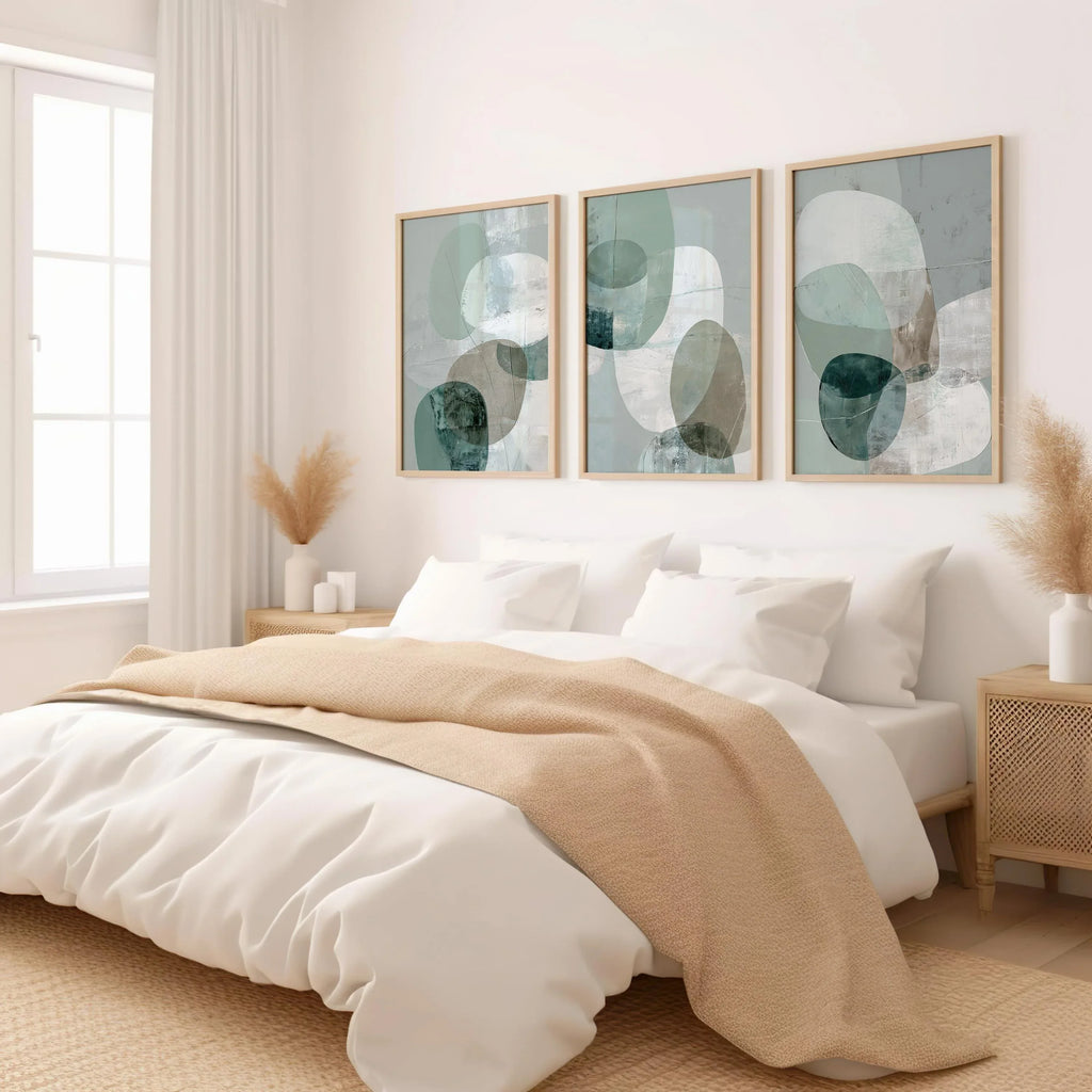 Teal sage abstract geometric wall art set of 3 – minimalist rounded shapes in soft green tones, Natural Wood frame