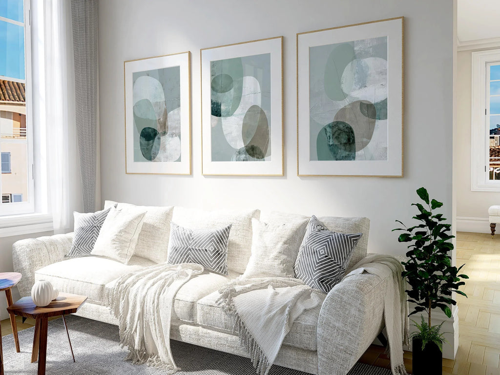 Teal sage abstract geometric wall art set of 3 – minimalist rounded shapes in soft green tones, unframed