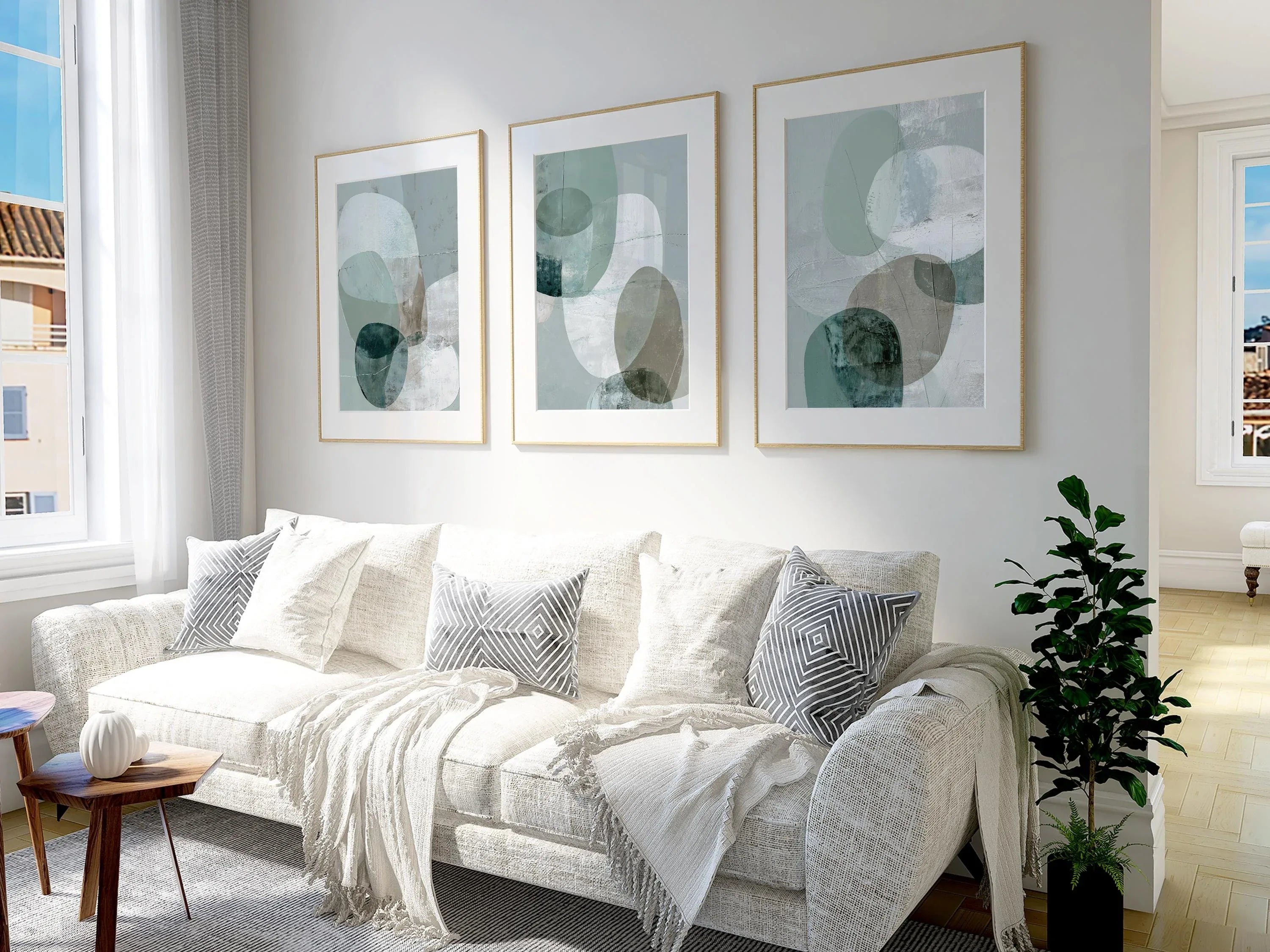 Teal sage abstract geometric wall art set of 3 – minimalist rounded shapes in soft green tones, unframed