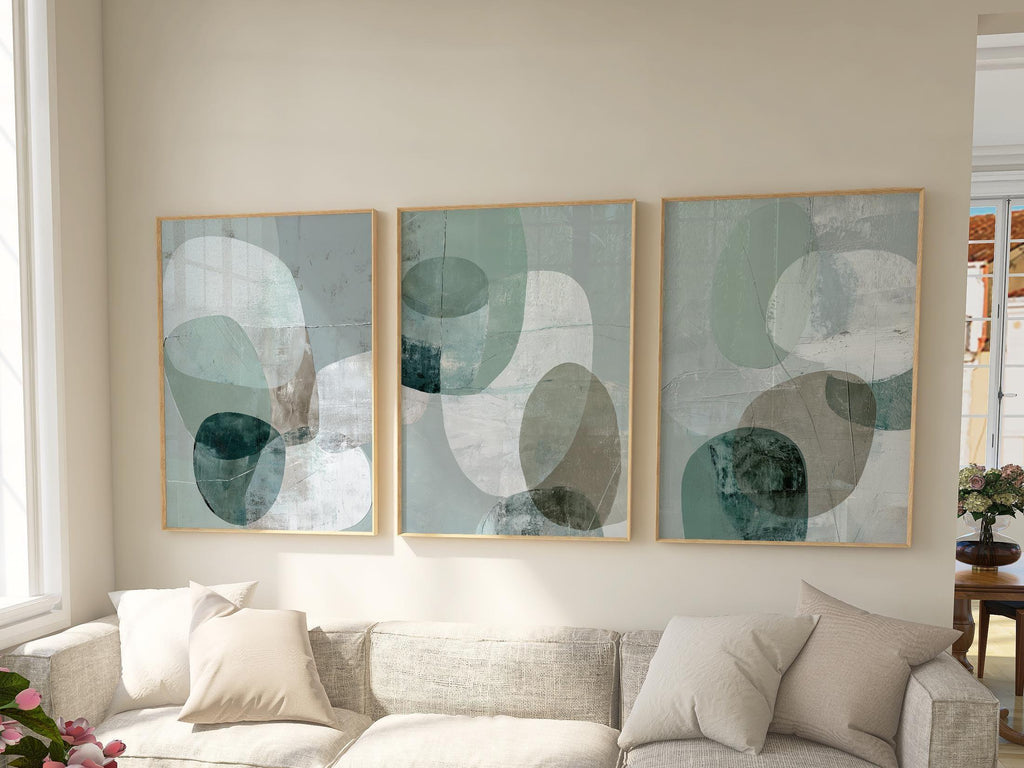 Teal sage abstract geometric wall art set of 3 – minimalist rounded shapes in soft green tones, Natural Wood frame