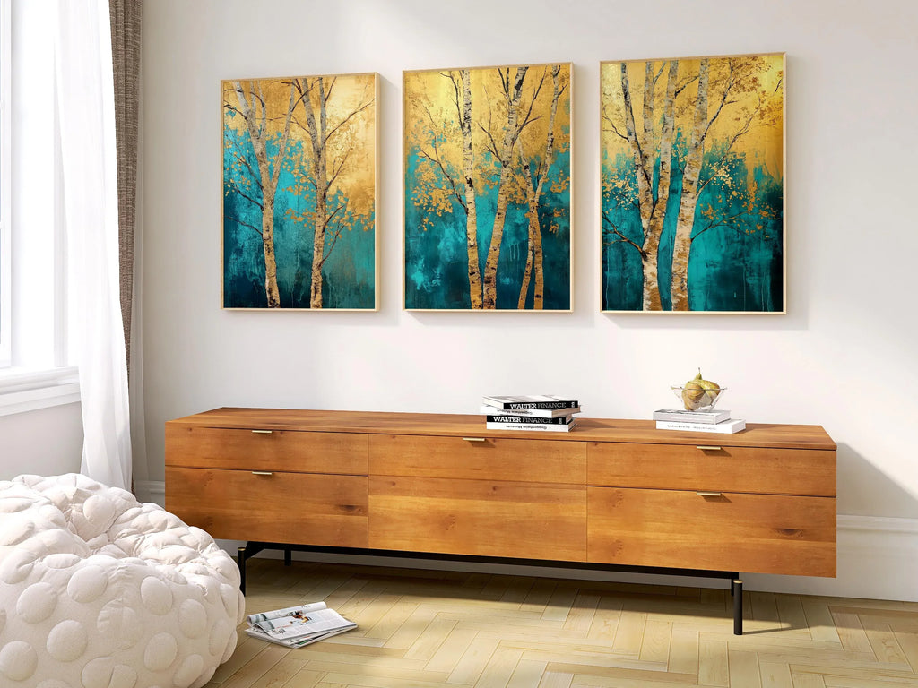 Teal and gold birch tree triptych wall art – abstract forest scene across three connected panels, Black frame