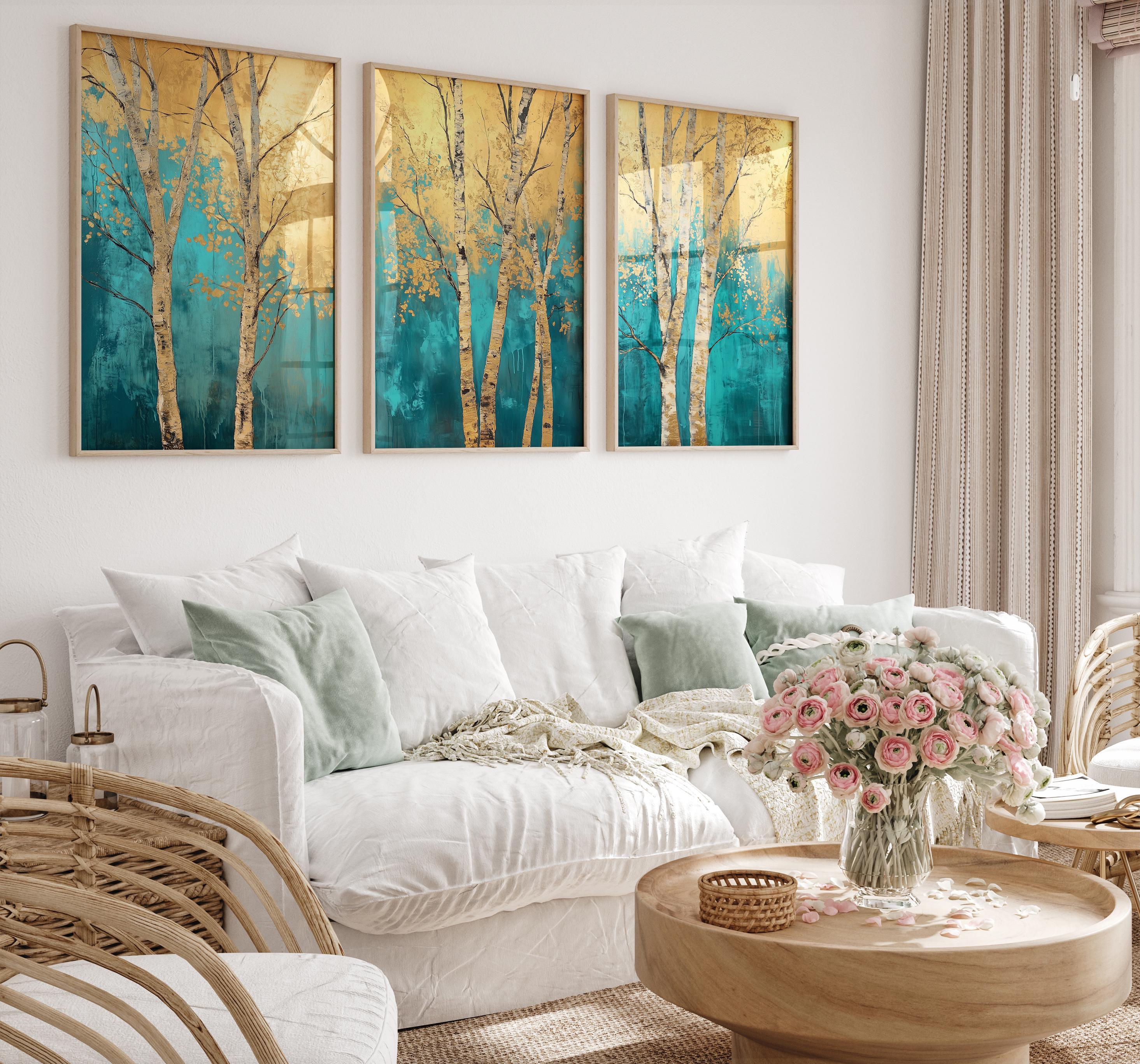 Teal and gold birch tree triptych wall art – abstract forest scene across three connected panels, Dark Wood frame