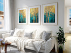 Teal and gold birch tree triptych wall art – abstract forest scene across three connected panels, unframed