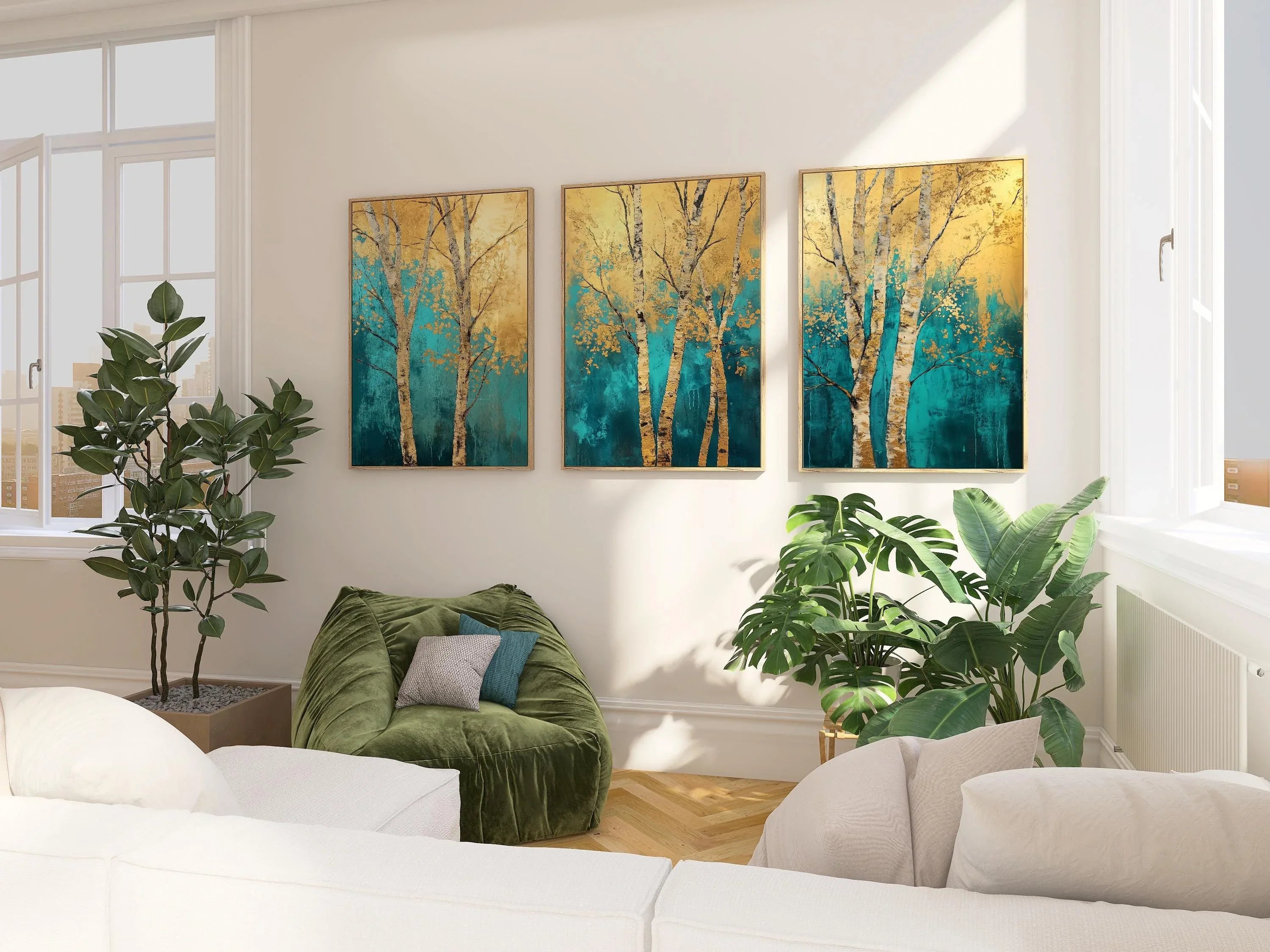Teal and gold birch tree triptych wall art – abstract forest scene across three connected panels, White frame