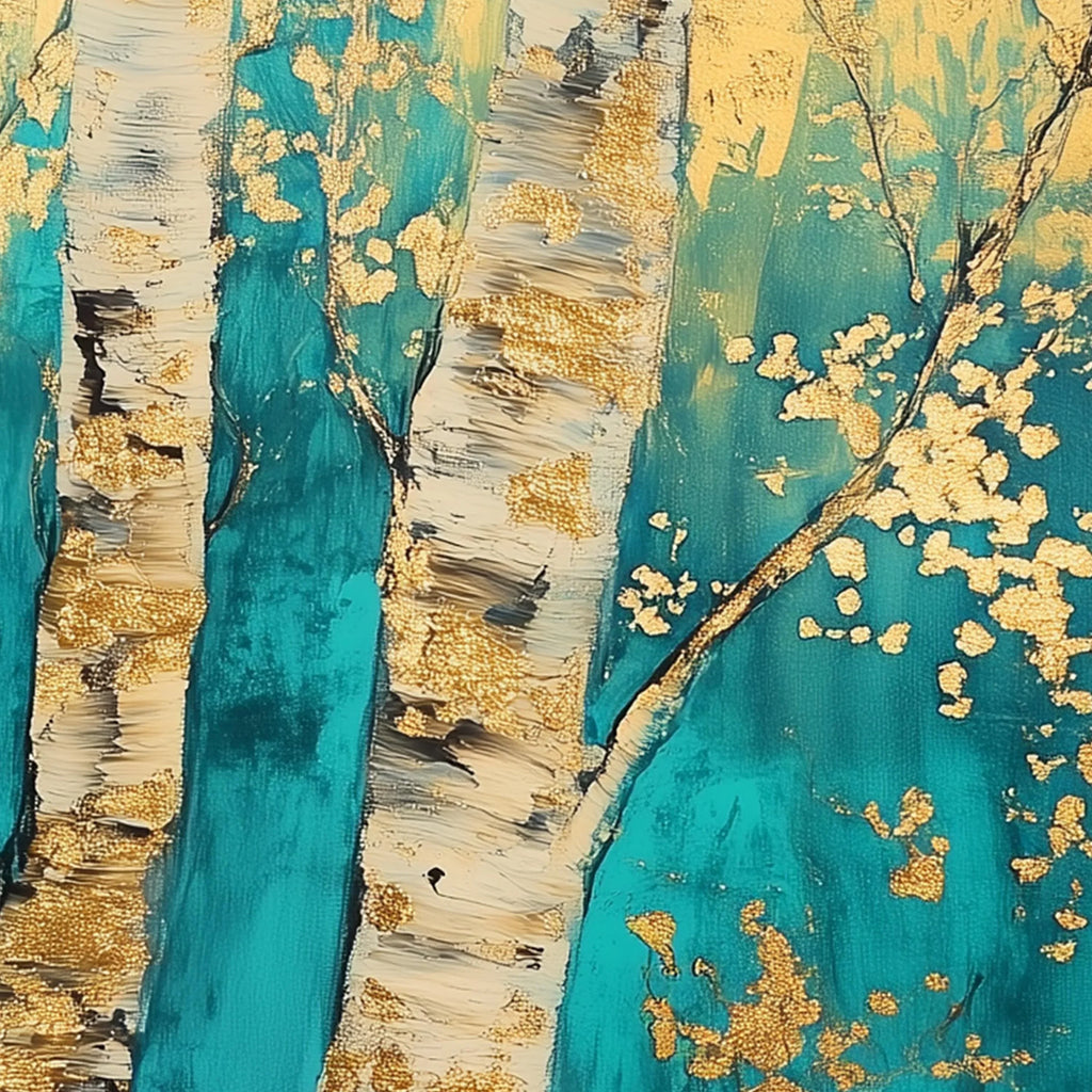 Teal and gold birch tree triptych wall art – abstract forest scene across three connected panels, Black frame