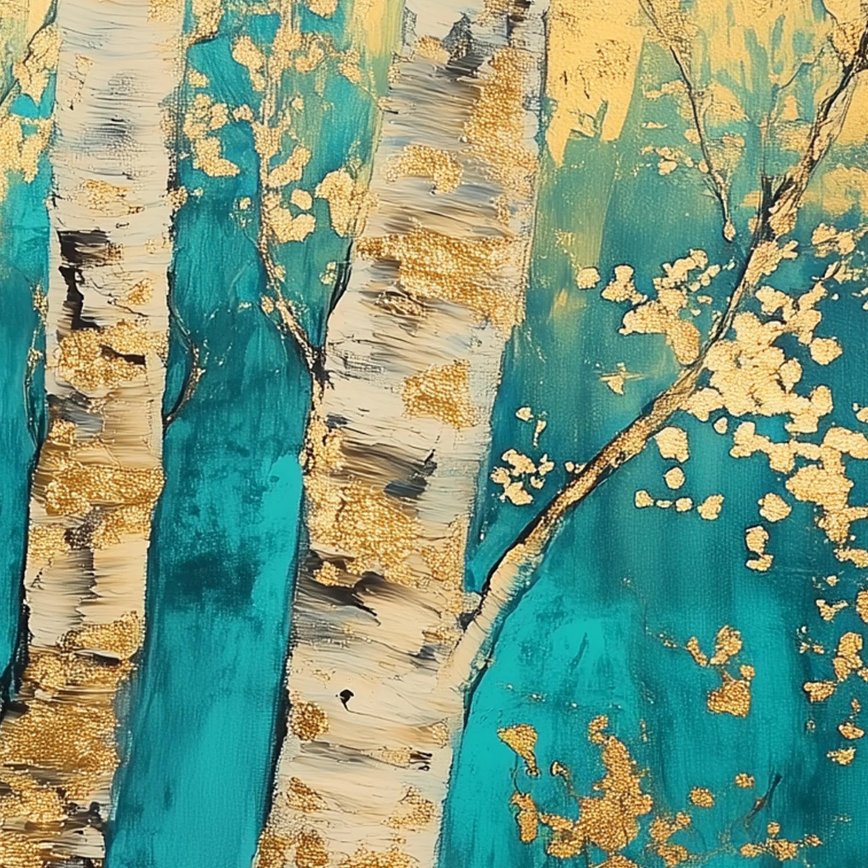 Teal and gold birch tree triptych wall art – abstract forest scene across three connected panels, Black frame