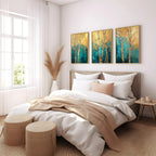 Teal and gold birch tree triptych wall art – abstract forest scene across three connected panels, Dark Wood frame