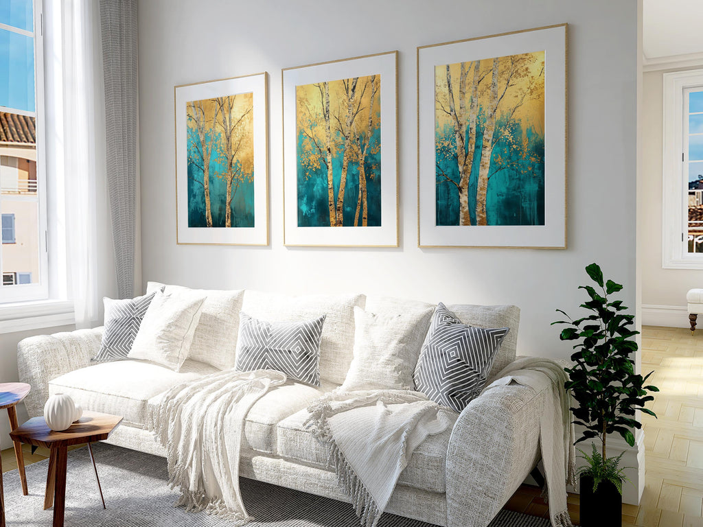 Teal and gold birch tree triptych wall art – abstract forest scene across three connected panels, Natural Wood frame