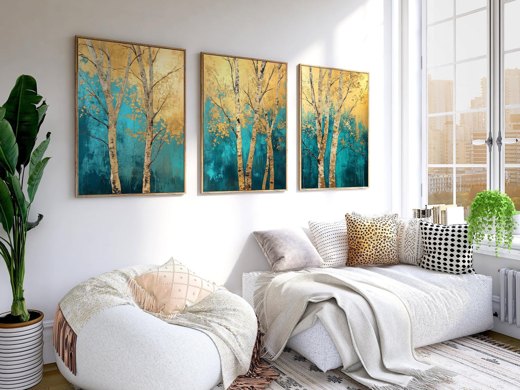 Teal and gold birch tree triptych wall art – abstract forest scene across three connected panels, Natural Wood frame