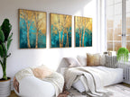 Teal and gold birch tree triptych wall art – abstract forest scene across three connected panels, Natural Wood frame