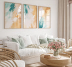 Teal and mustard abstract brushstroke triptych wall art – bold modern set of 3 for contemporary homes, Black frame